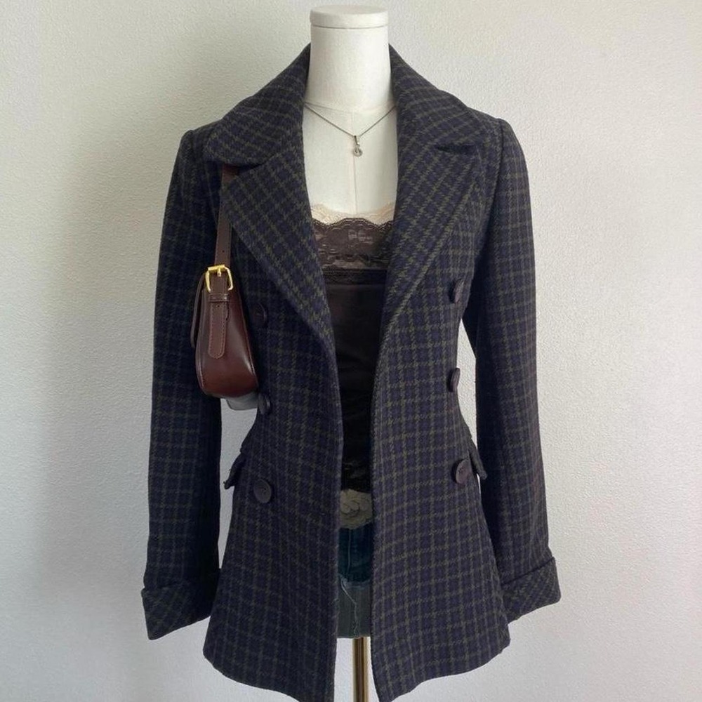 Vintage Y2K Moda International Wool Double Breasted Pea Coat Purple Green